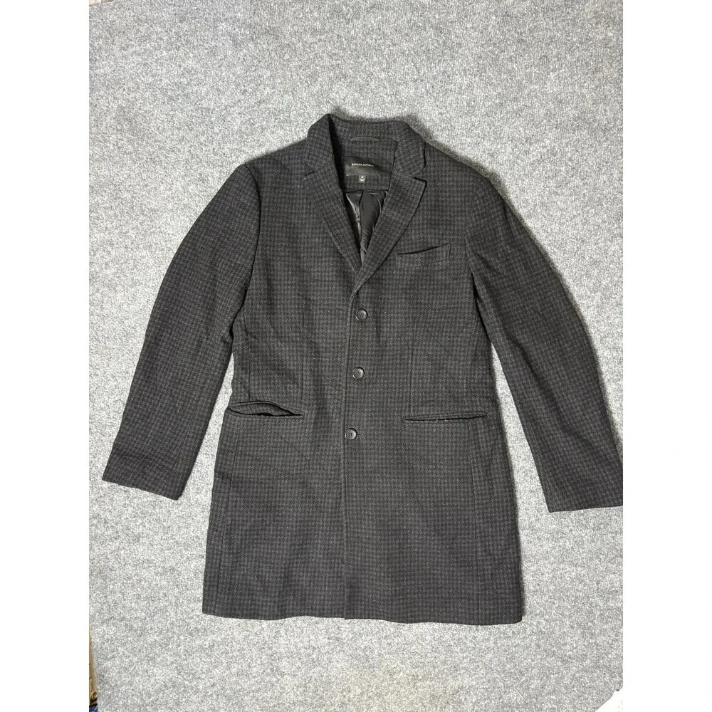 Banana Republic Coat Mens M Black Wool Check Tweed Overcoat Single-Breasted Long
